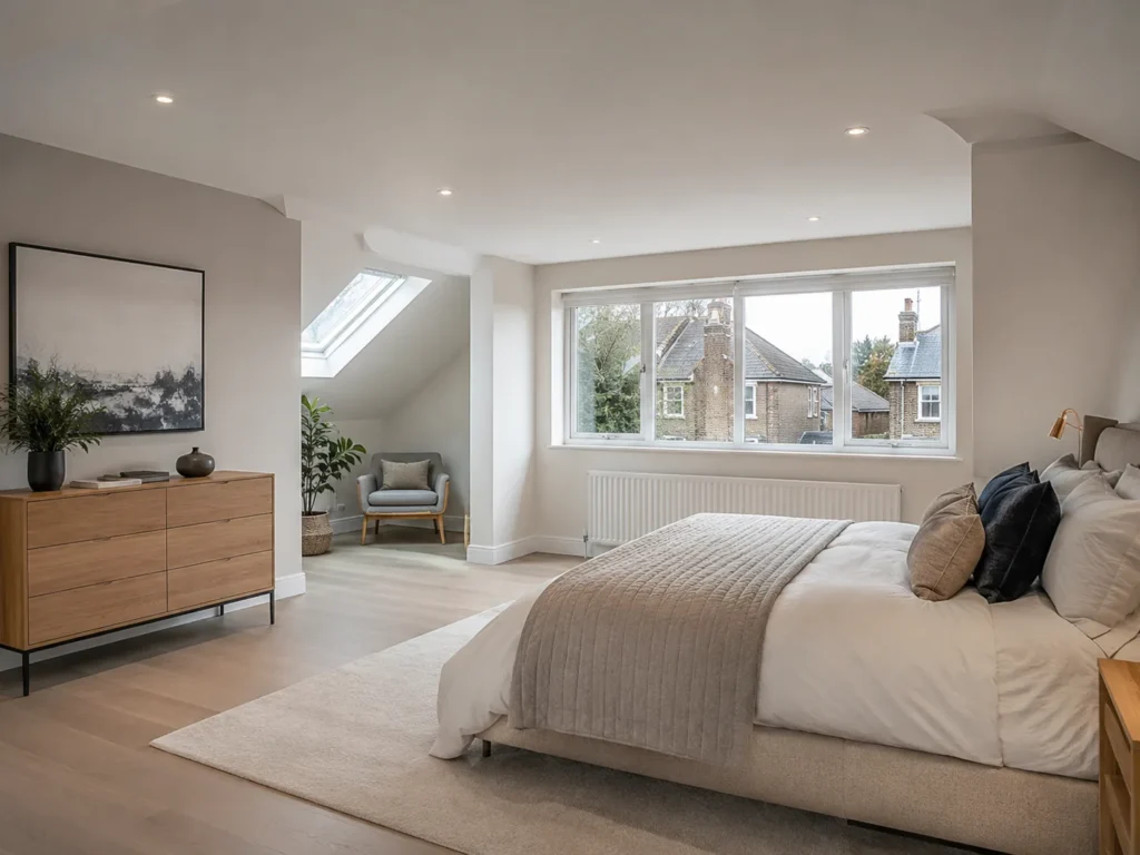 Dormer loft conversion idea: increased headroom, usable floor space and a wide rear window.
