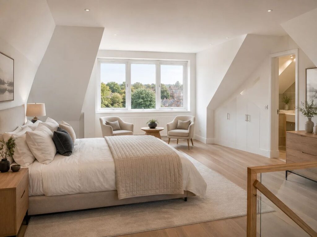 Hip-to-gable loft conversion idea: a wider layout with room for sleeping, working and storage.