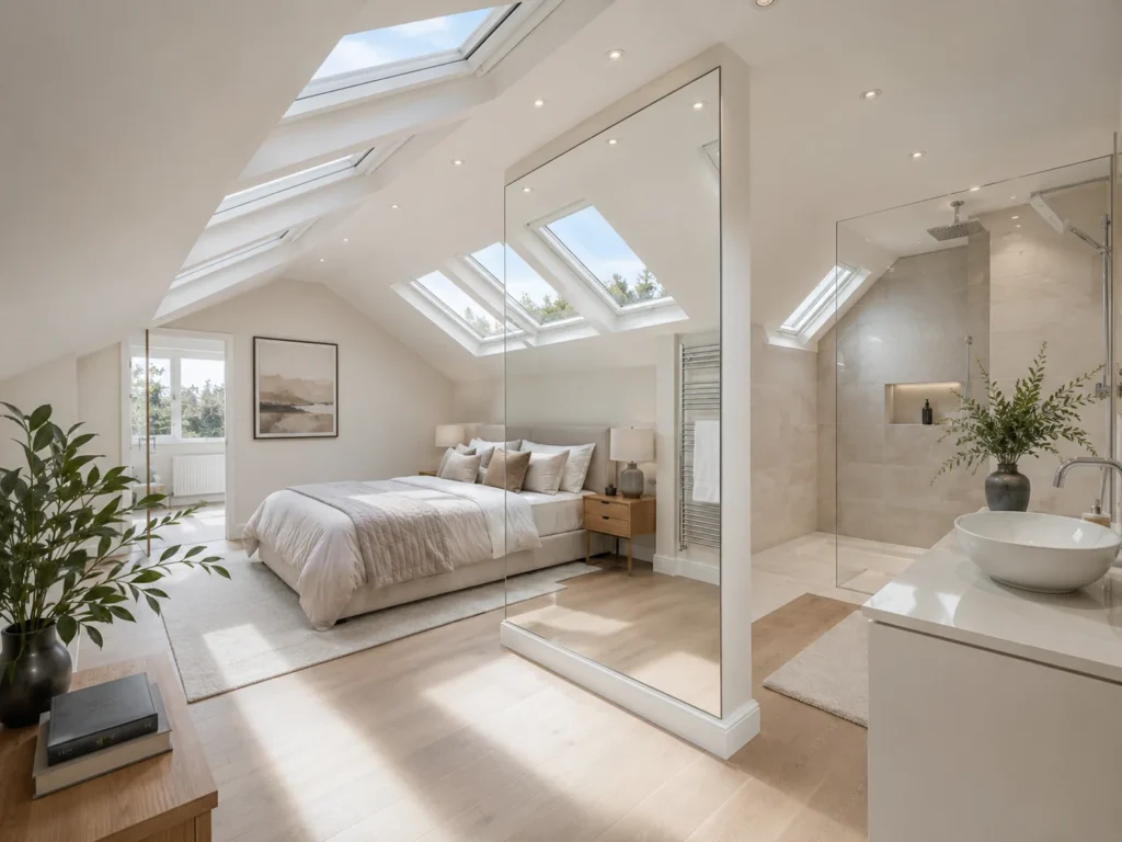 Mansard loft conversion idea: generous headroom and a spacious bedroom suite.